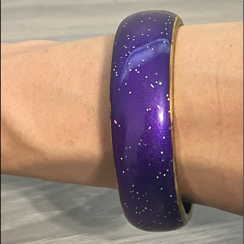 Vintage Purple Bangle Bracelet with Silver Glitter and Gold Trim, Boho